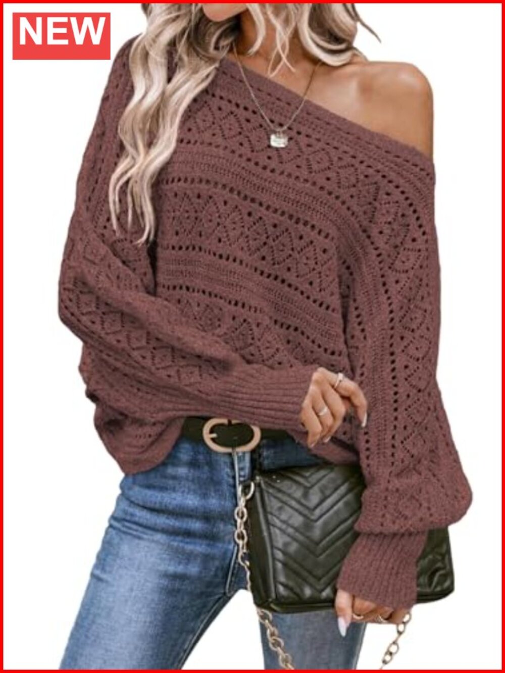 Womens Crochet Boat Neck Batwing Sleeve Loose Knit Pullover Sweater